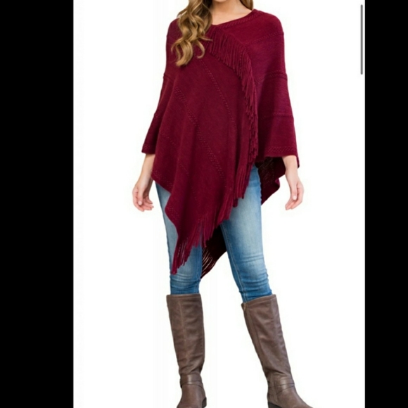 Wine Red Poncho w/ Tassles - Picture 3 of 4